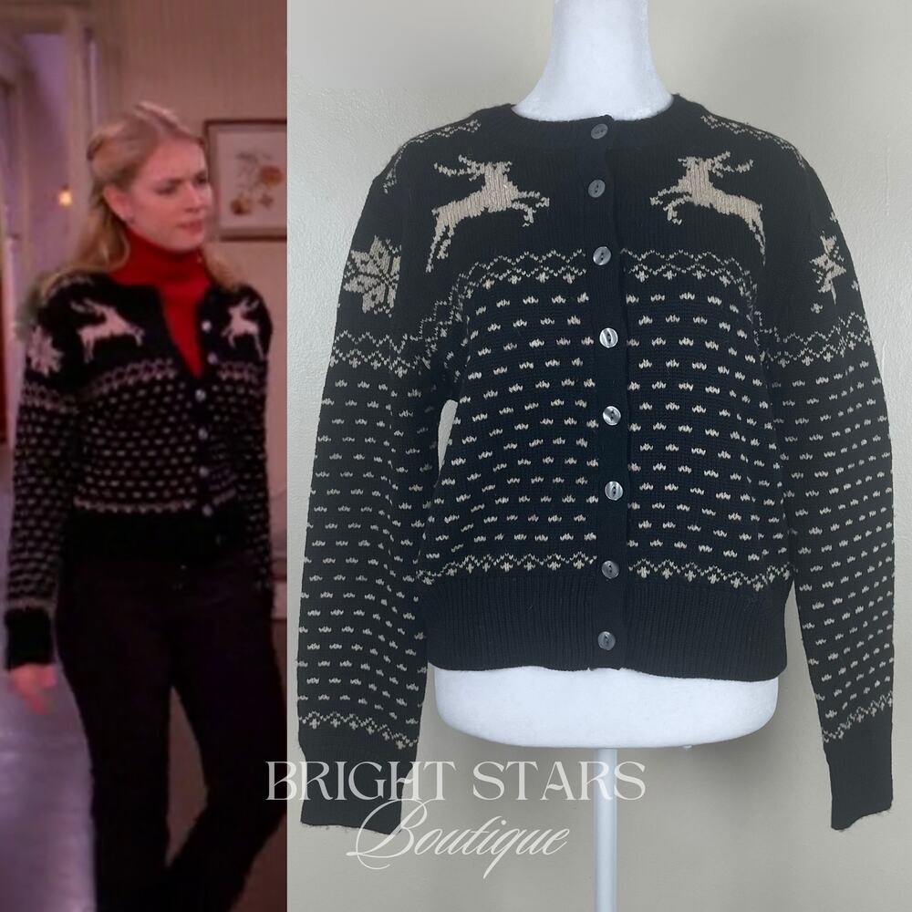 Rare Reindeer Cardigan ASO Sabrina The Teenage Witch Black Cream Vintage Holiday